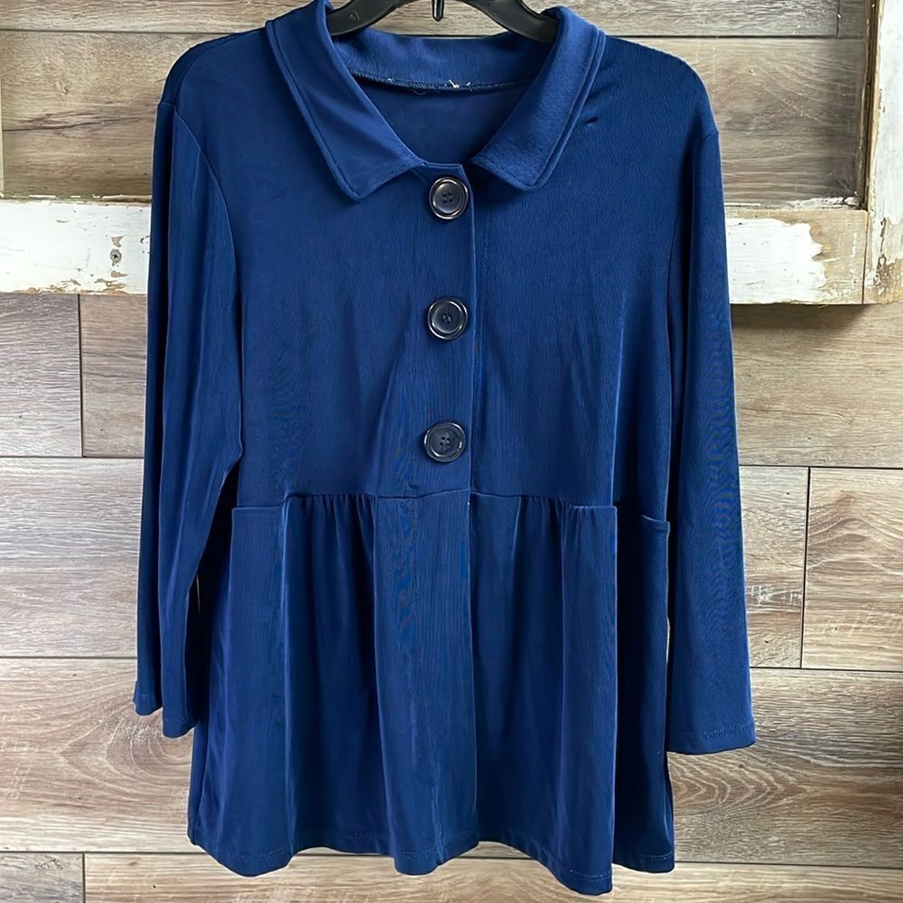 Notations Ladies Navy Blue 3 Button Babydoll Style Blouse, See Description